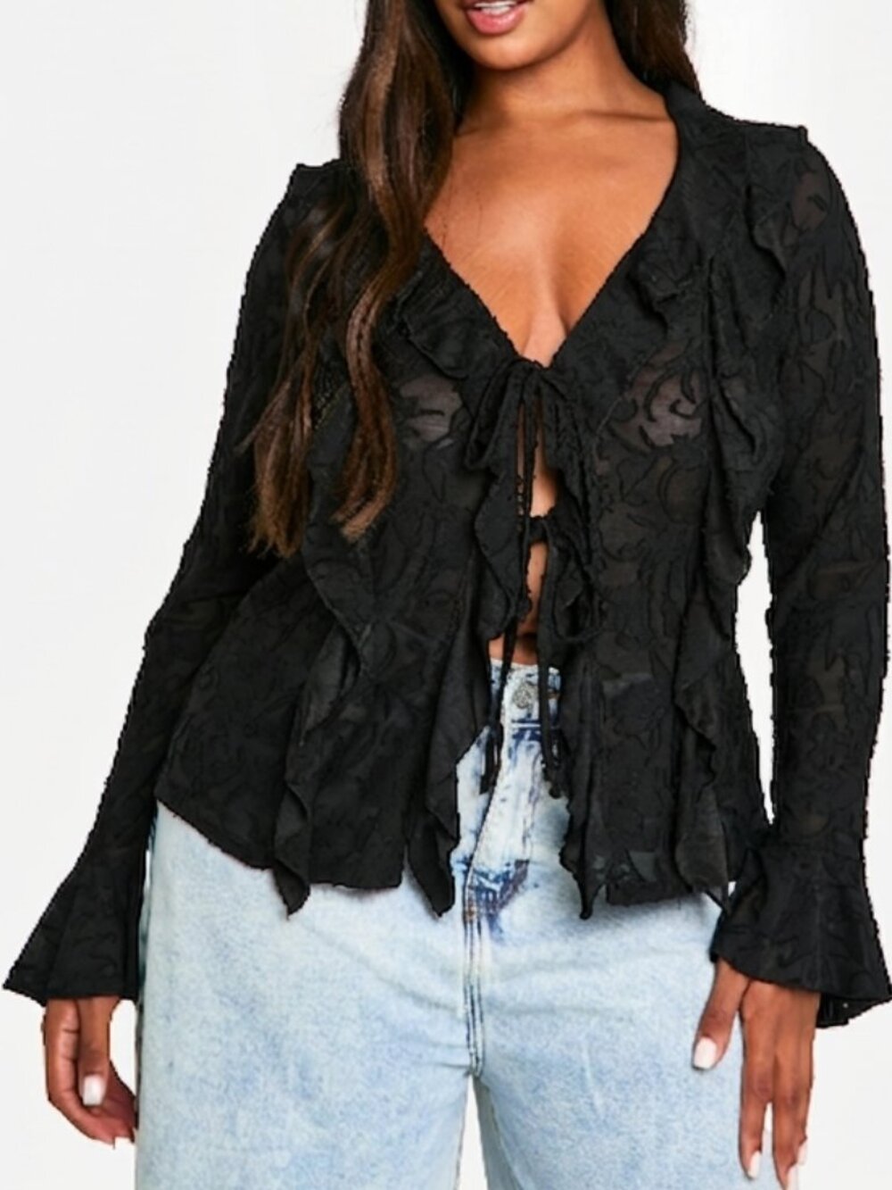 Boohoo NWT Women's Size 20 Black Burnout Double Ruffle Tie Front Blouse